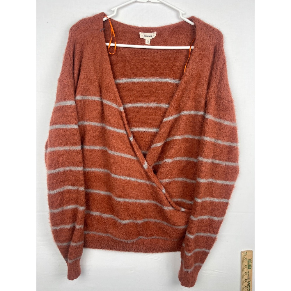 ee:some Striped Fuzzy Wrap Sweater Womens M/L Rust Orange Grey Surplice Knit